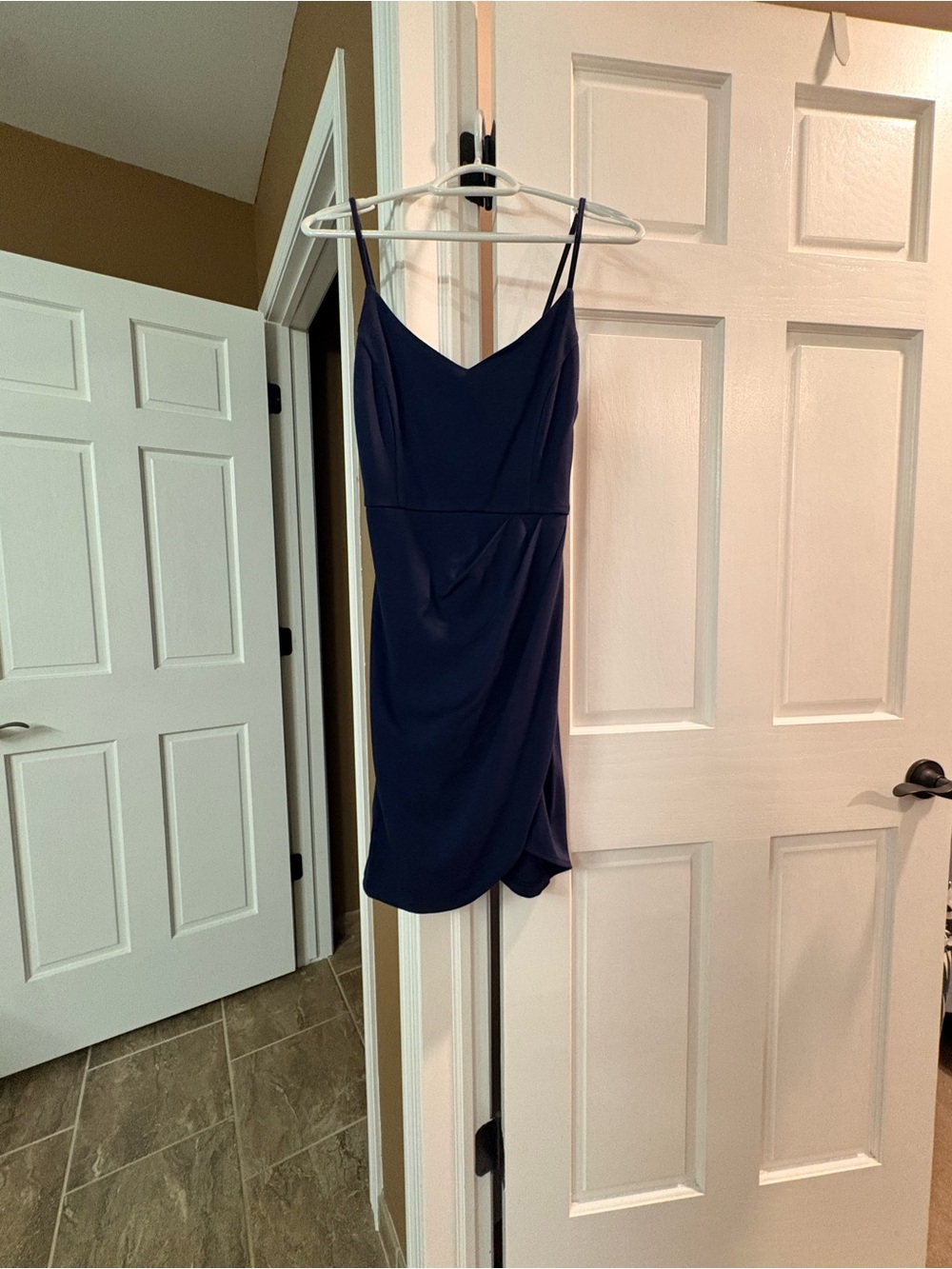 Sleeveless Navy Mini Dress with V-Neck and Spaghetti Straps